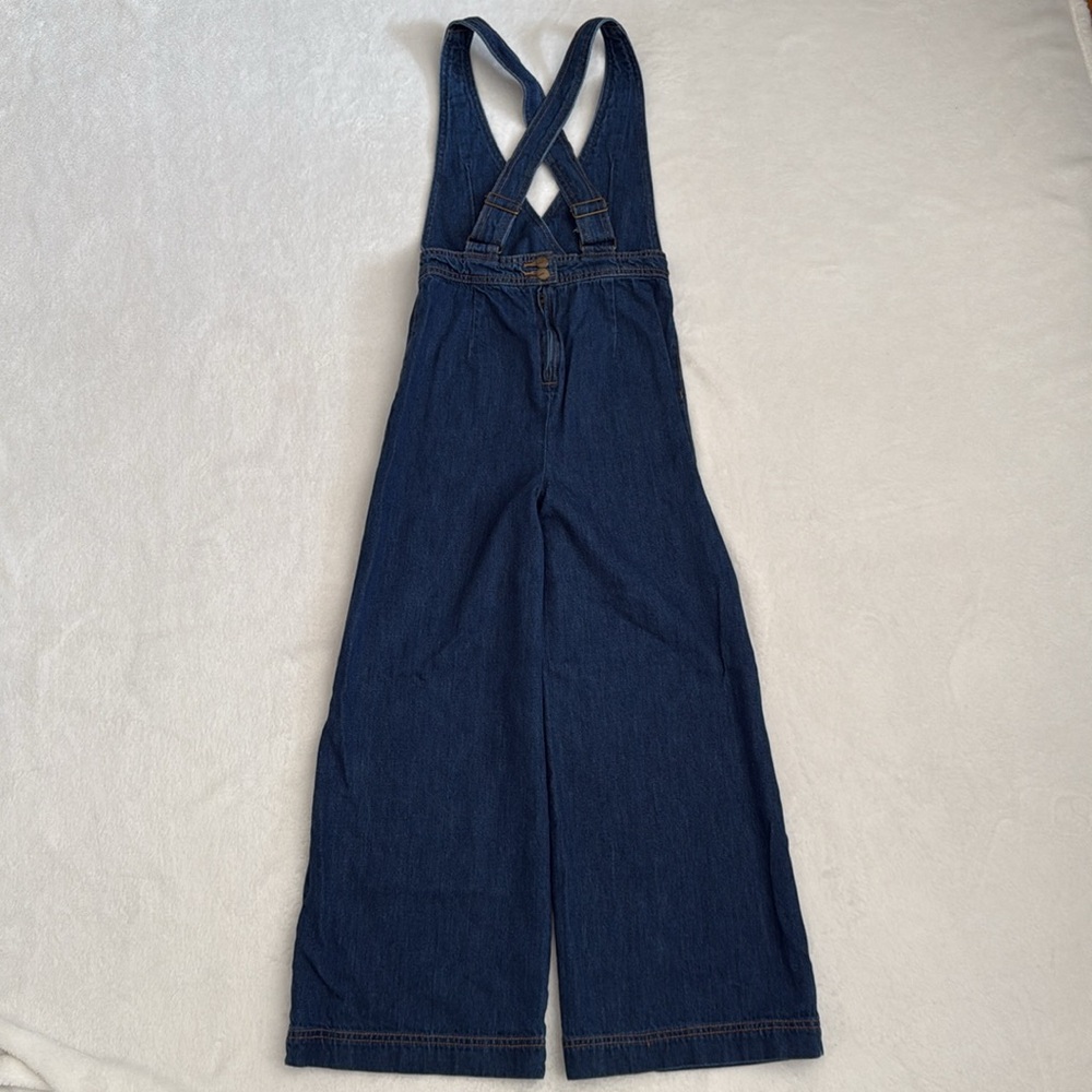 Bebe Girls | Denim Cross Back Flare Wide Leg Overall Jumpsuit Blue (M 10-12) - Picture 6 of 13